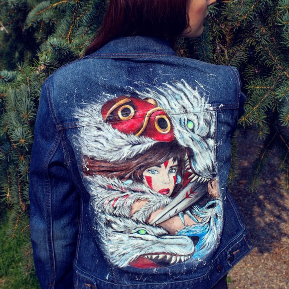 Vintage Denim Jacket Princess Mononoke Women's L Size Hand Painted Art - Picture 2 of 5